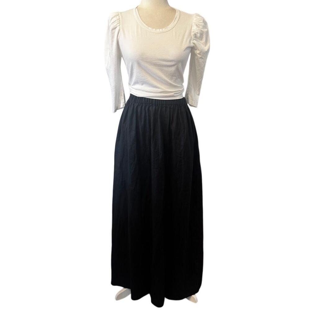 SIR. Black Linen Maxi Skirt Small Elastic Waist Pockets 100% Linen Minimalist